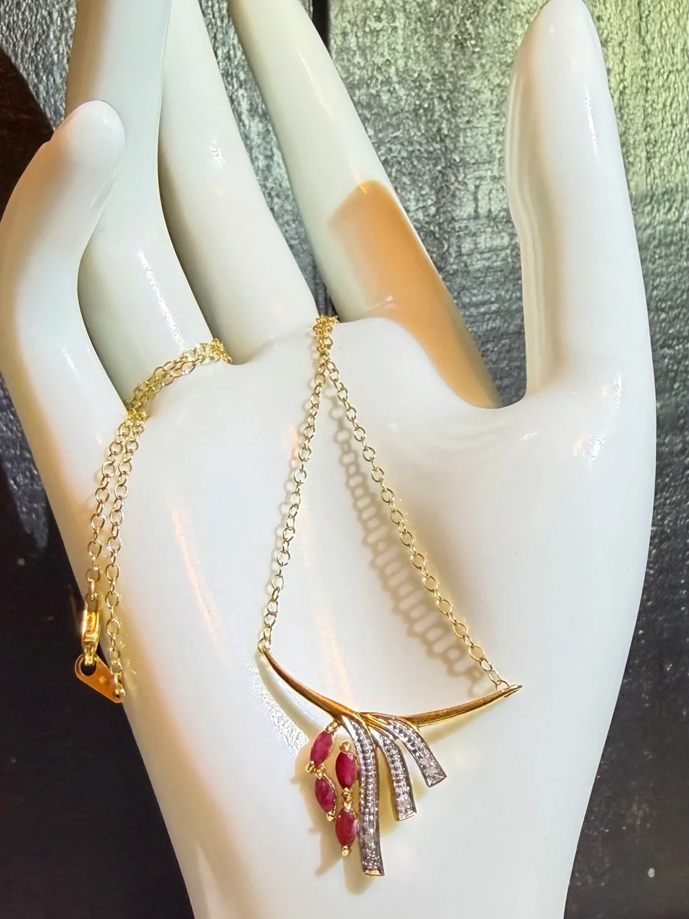 18K Gold Over Sterling Silver Ruby & Diamond Pendant Necklace 18” 0.06CTW